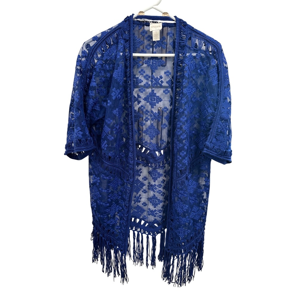 Chicos Royal Blue Lace Fringe Kimono Wrap Open Front Cardigan Size 1 Medium